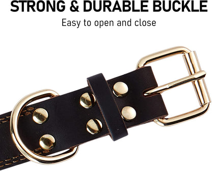 Genuine Heavy Duty Leather Dog Collar, Wide Design for Small to Extra Large Dogs (S: 0.8" Width, Fits 13.4"-15.8" Neck, Dual Stitch - Brown)