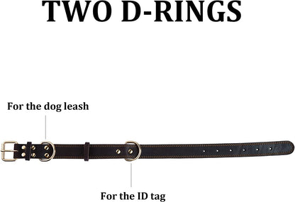 Genuine Heavy Duty Leather Dog Collar, Wide Design for Small to Extra Large Dogs (S: 0.8" Width, Fits 13.4"-15.8" Neck, Dual Stitch - Brown)