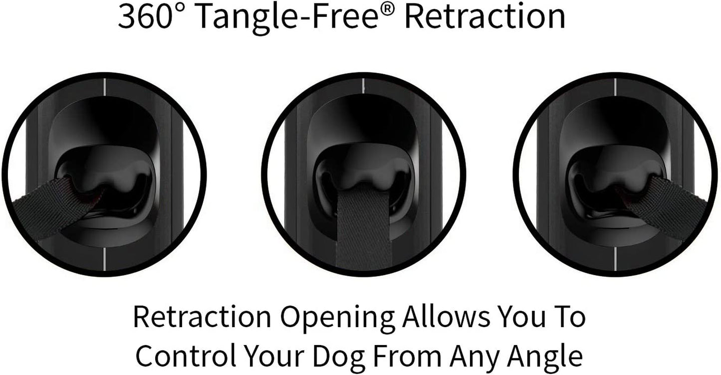 360° Tangle-Free Retractable Dog Leash with Anti-Slip Grip | 16 Ft Durable Nylon Tape | One-Handed Brake, Pause, and Lock Feature (Large, Black/Grey)