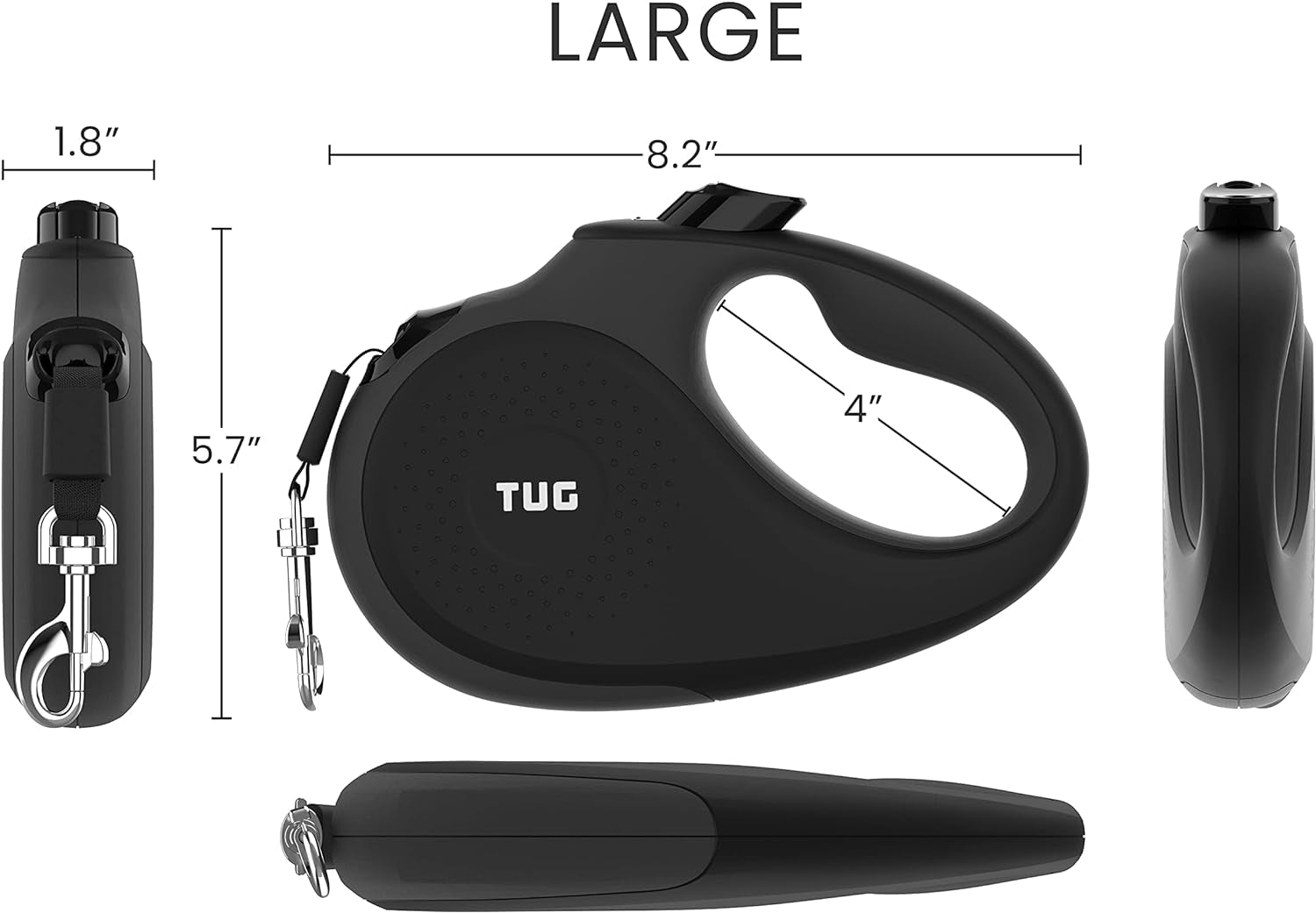 360° Tangle-Free Retractable Dog Leash with Anti-Slip Grip | 16 Ft Durable Nylon Tape | One-Handed Brake, Pause, and Lock Feature (Large, Black/Grey)