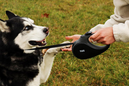 360° Tangle-Free Retractable Dog Leash with Anti-Slip Grip | 16 Ft Durable Nylon Tape | One-Handed Brake, Pause, and Lock Feature (Large, Black/Grey)