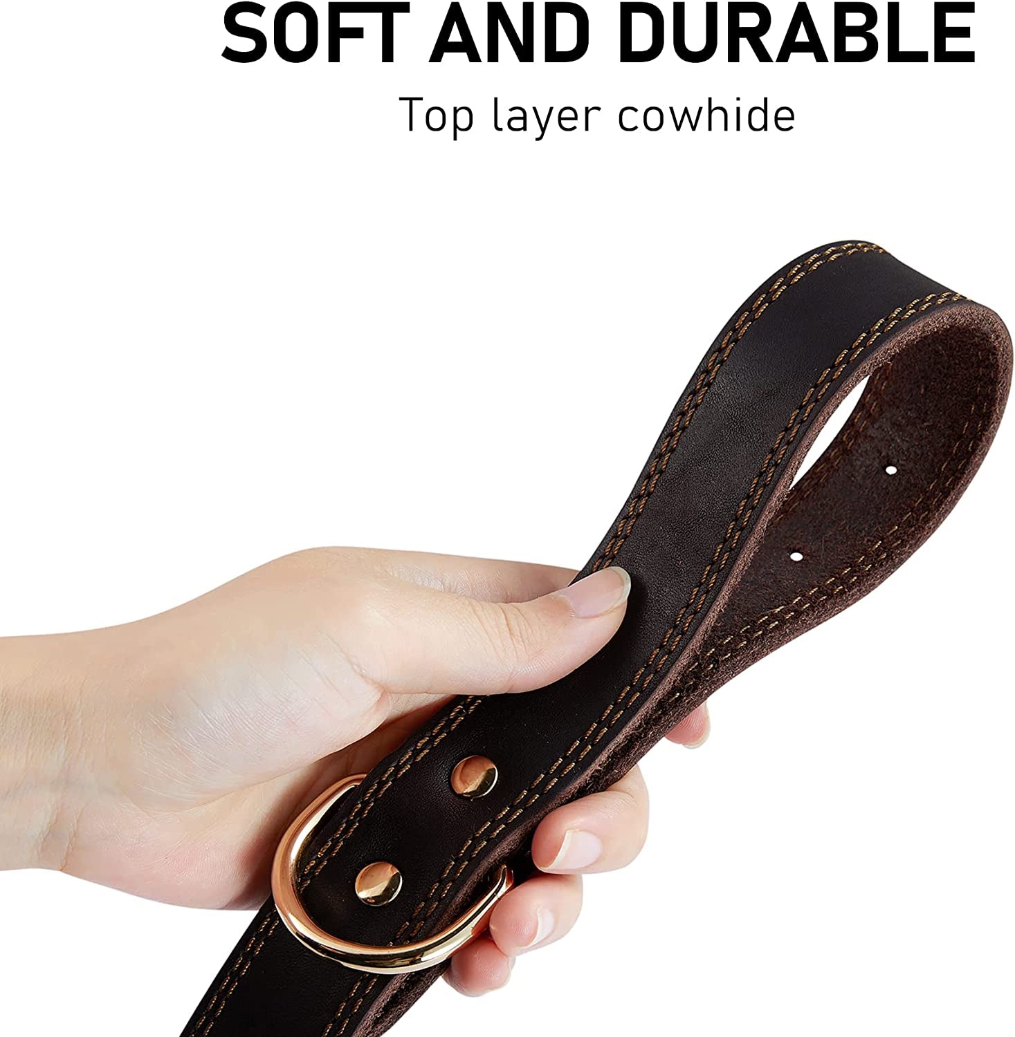 Genuine Heavy Duty Leather Dog Collar, Wide Design for Small to Extra Large Dogs (S: 0.8" Width, Fits 13.4"-15.8" Neck, Dual Stitch - Brown)