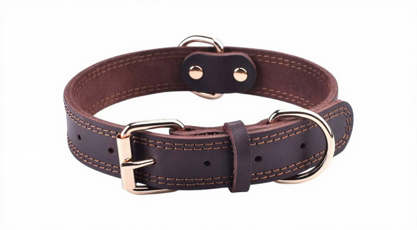 Genuine Heavy Duty Leather Dog Collar, Wide Design for Small to Extra Large Dogs (S: 0.8" Width, Fits 13.4"-15.8" Neck, Dual Stitch - Brown)
